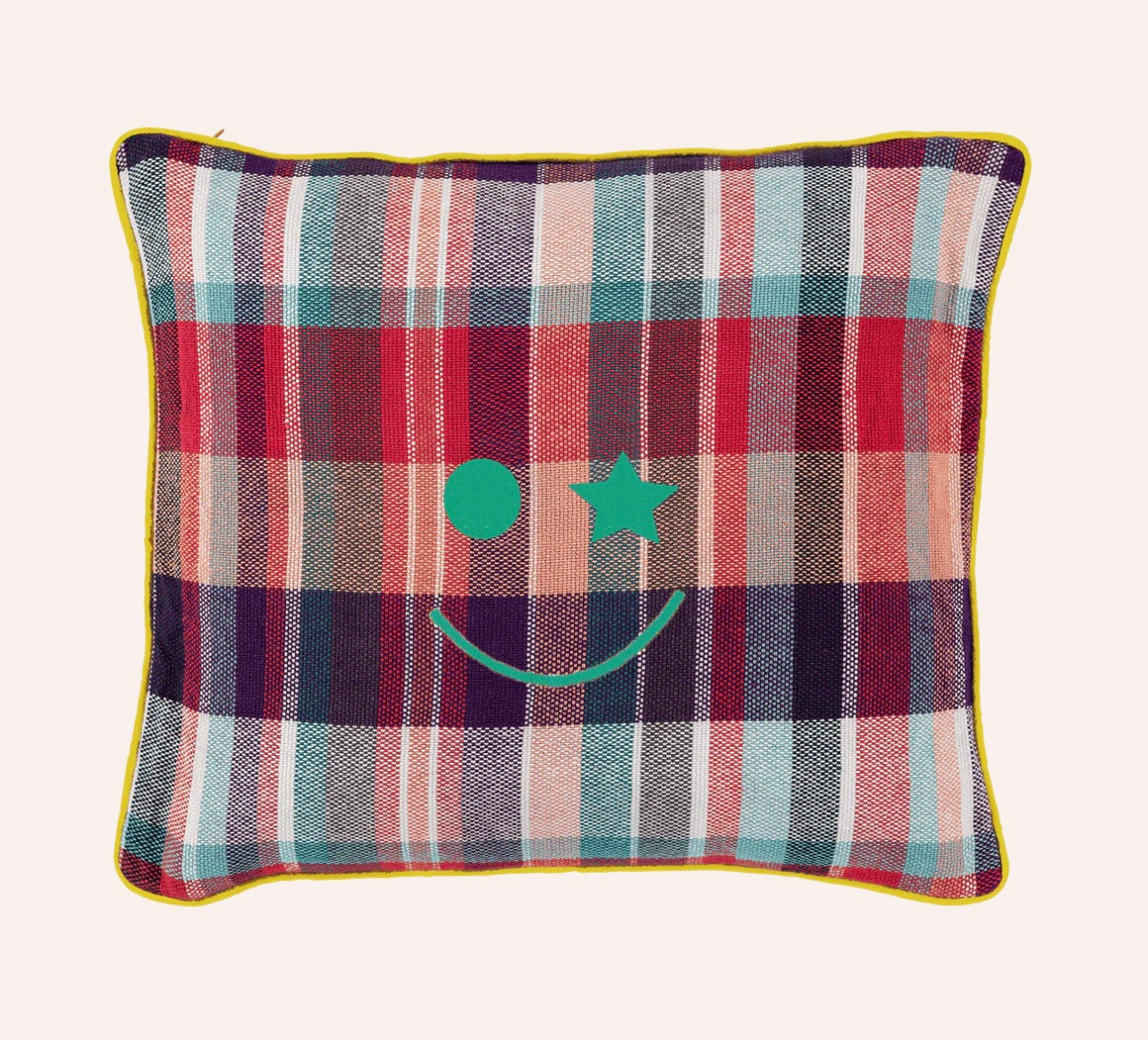 Embroidered happy smile plaid cushion